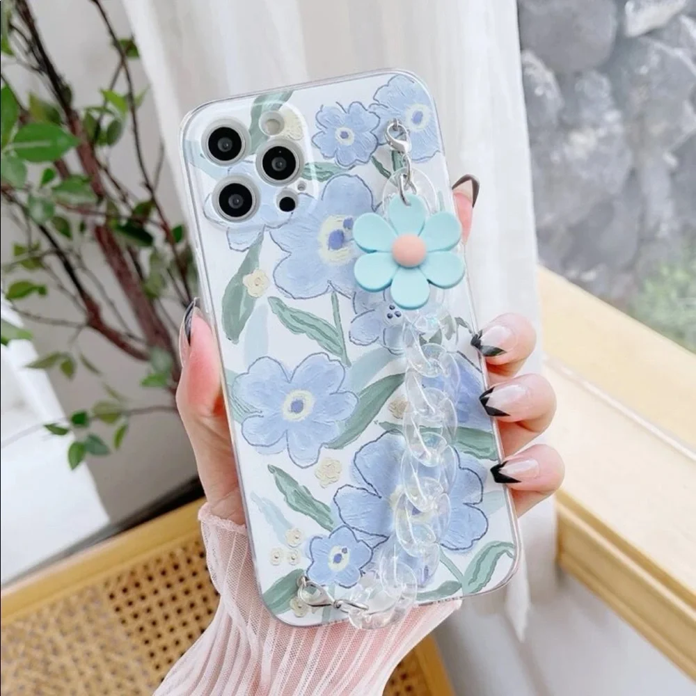 iPhone Floral Flower Blue Spring Phone Case with Chain NWOT